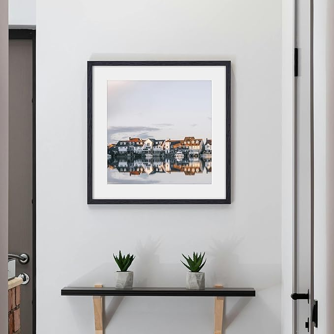 Fun Memories 20x20 Square Picture Frames, Rustic Solid Oak Wood Frame 20 x 20 for Wall, Wooden 20 by 20 Photo Frames with Tempered Real Glass, 20x20 Frame Matted to 16x16, Black Color, Set of 2