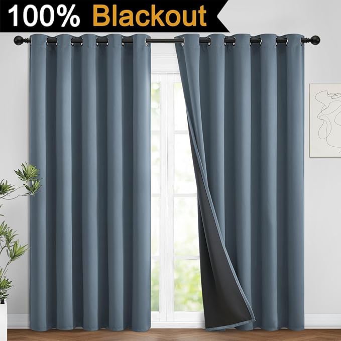 Yakamok 100% Blackout Lined Panels, Room Darkening Thermal Insulated Blackout Curtains for Bedroom, Heat Blocking Drapes for Living Room(62Wx96L, Stone Blue, 2 Panels)