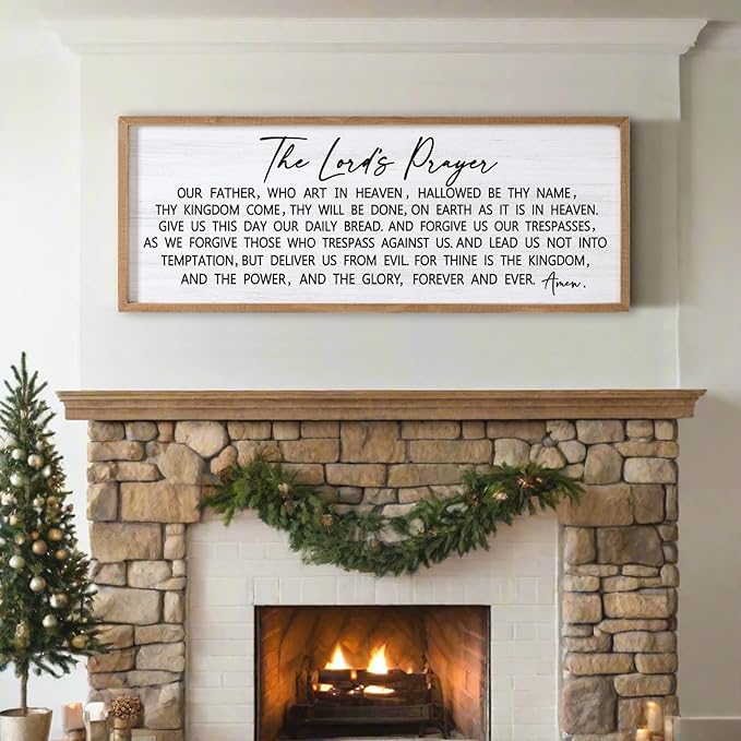 Our Father Prayer Bible Verse Framed Wall Art, 40''×15'' Natural Horizontal Religious Christian Lords Prayer Sign for God Jesus Christ Prayer, Rustic Holy Inspirational Catholic Scripture Decor