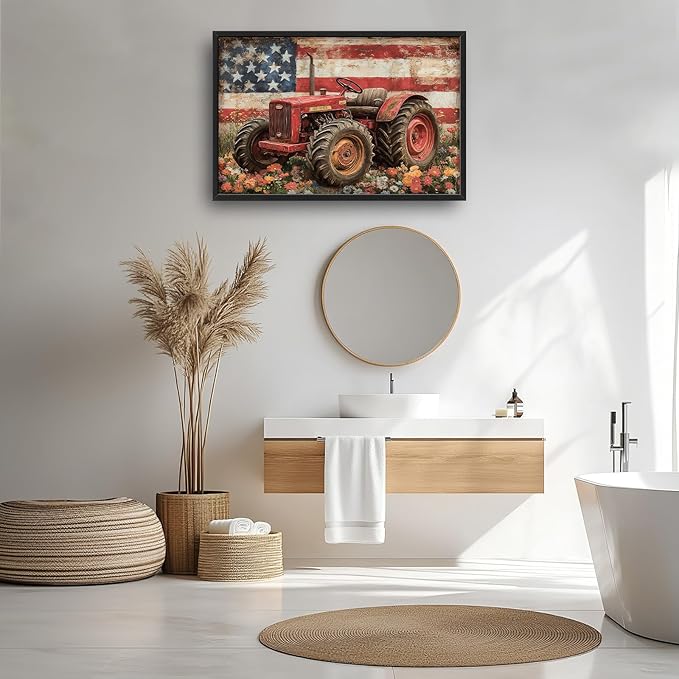 Framed Large Wall Art for Living Room, Farmhouse Tractors Canvas Wall Decor, Large Rustic Country Wildflowers Pictures Framed Painting, Natural Landscape Artwork for Bedroom Office Home Decor 36L'' × 24W''