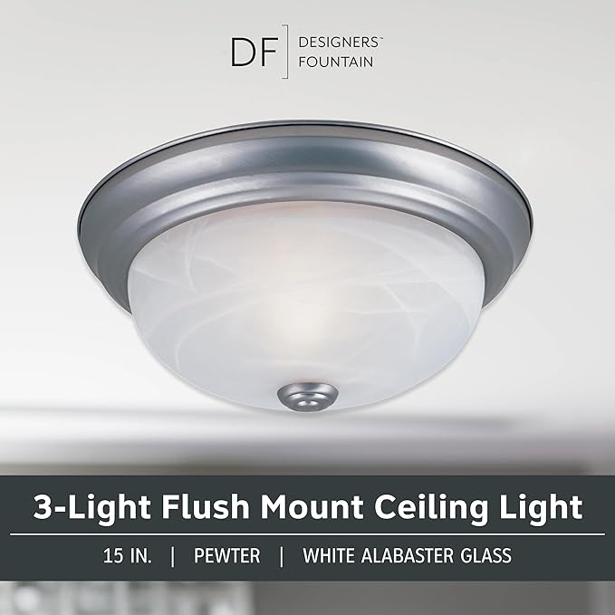 Designers Fountain 15 in 3-Light Flush Mount Ceiling Light, Pewter with Alabaster Glass Shade, 1257L-PW-AL