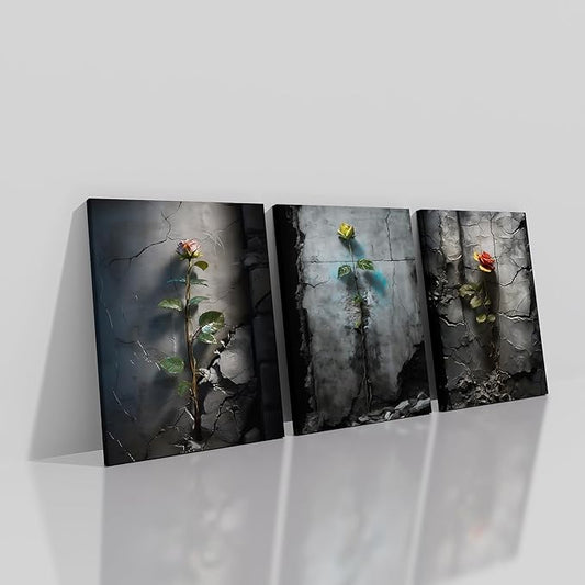 Retro Floral Canvas Wall Art Home Decor Roses in The Cracked Wall 3 Pieces Posters Print Vintage Theme Painting Artwork for Bedroom Bathroom Pictures Decoration Ready to Hang [36''W x 16''H]