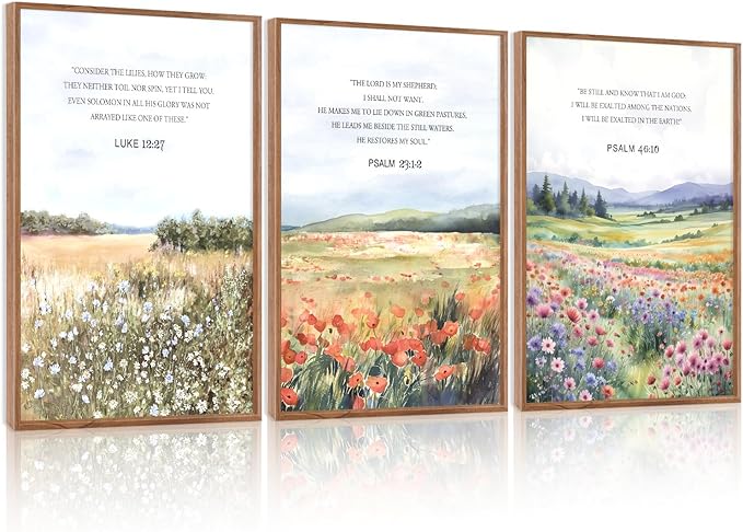 CHDITB Framed Canvas Wall Art Print 1123 , Nature Flowers Christian Wall Decor, Floral Spiritual Scripture Wall Painting, Vintage Church Biblical Verses Art Prints For Zen Room Yoga Room Decor 16"x24"x3