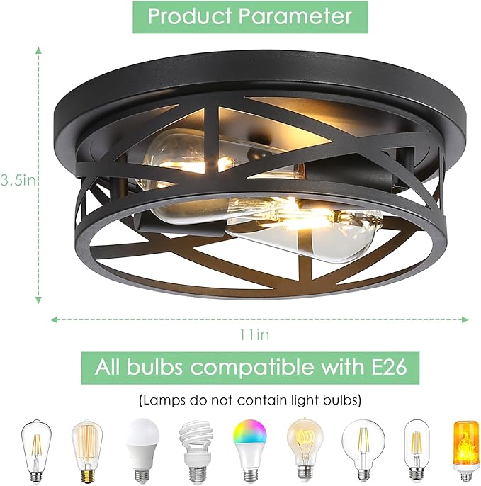 Black Flush Mount Ceiling Light Fixture,2-Light Industrial Farmhouse Ceiling Light Fixture，Black Light Fixture Ceiling Mount for Kitchen Bedroom Living Room Hallway 1 Pack