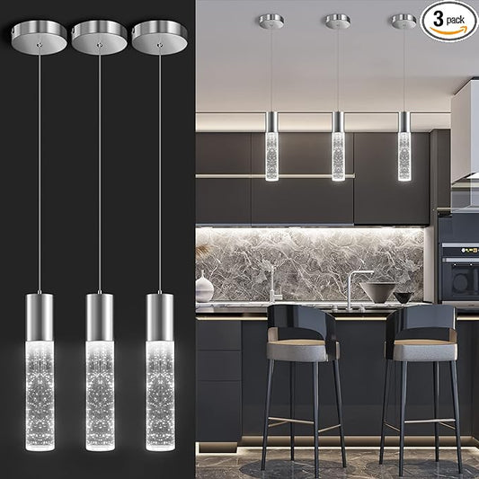 OKELI Modern Pendant Lights,LED Bubble Crystal Kitchen Island Light Fixtures,Chrome Mini Single Pendant Lighting for Kitchen Island,Bar,6W,6000K,ETL,3Pack