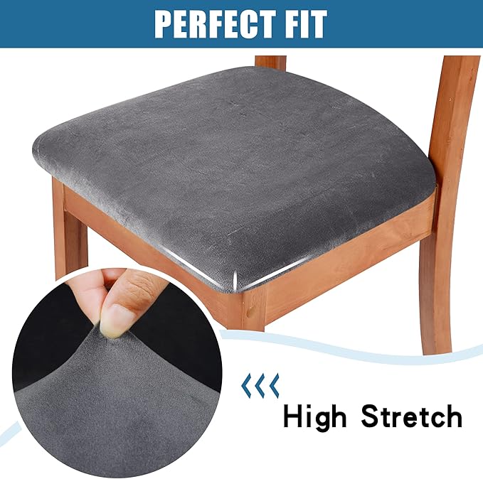 Smiry Velvet Seat Covers for Dining Room Chair Set of 4, Stretch Fit Removable Washable Chair Seat Cushion Protector Slipcovers with Ties, Grey