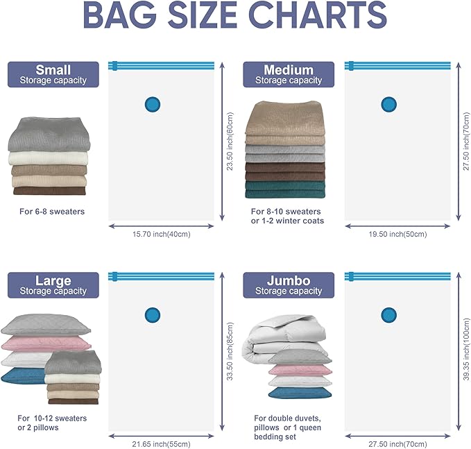 Space Saver Vacuum Storage Bags, 6 Pack Space Saver Bags with Pump, Storage Vacuum Sealed Bags for Clothes, Comforters, Blankets, Bedding (6 Medium)