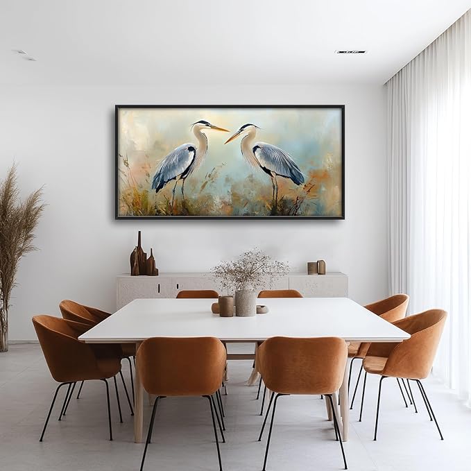 Blue Heron Framed Wall Art for Living Room, Large Birds Canvas Wall Decor, Animal Pictures Painting, Modern Artwork for Bathroom Bedroom 60L'' × 30W''