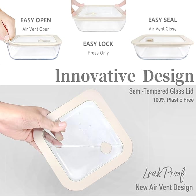 Urban Green Glass Food Container Set with Glass Lid, Large Meal Prep Container Set, Airtight Food Storage Containers with Air Vent Lid, 2 Pack, Large, 87oz, LeakProof, 100% Plastic Free, White color,