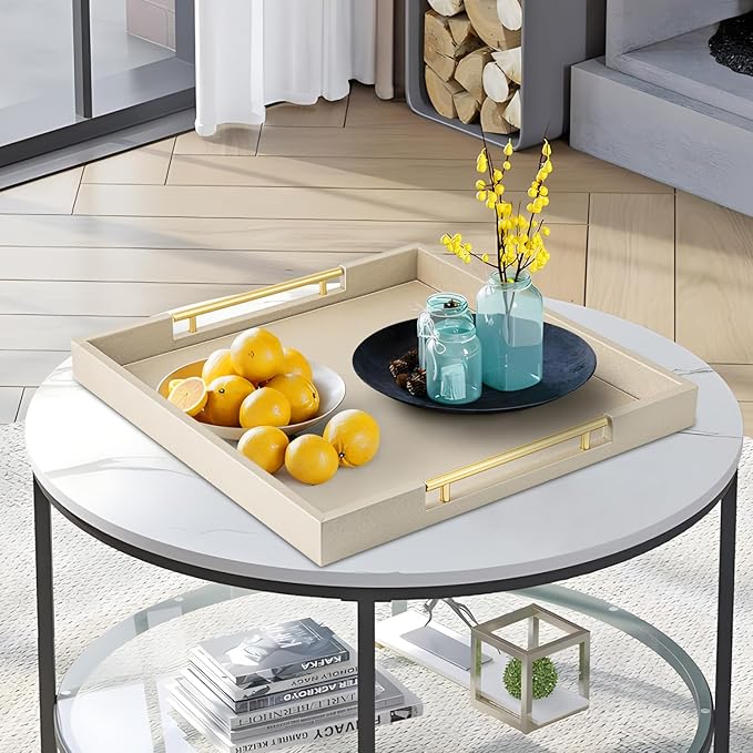 Champagne Faux Leather Serving Tray with Handles,20x20inches, Large Decorative Tray for Ottoman Coffee Table Decor Living Room, Kitchen, Bathroom
