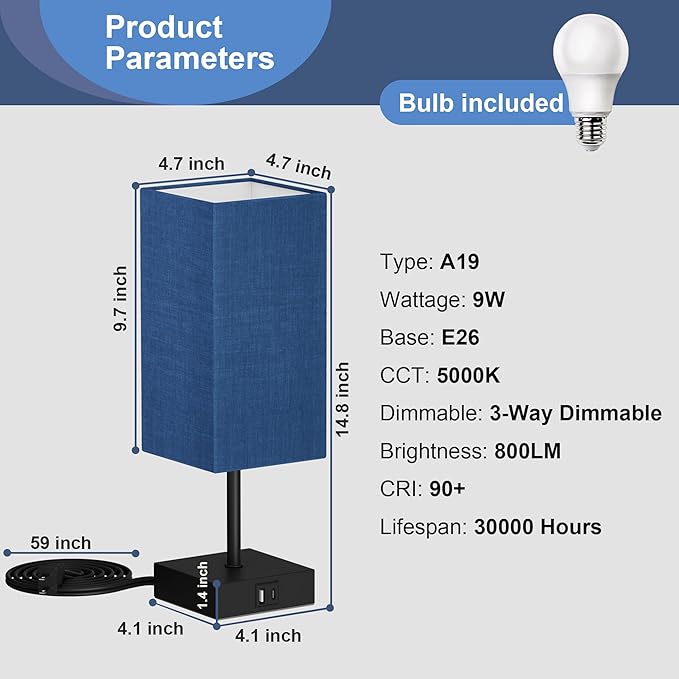 Sailstar Bedside Table Lamp for Bedroom, 3 Way Dimmable Touch Lamp with USB C+A Charging Ports, Small Nightand Lamps for Bedroom Decor, Living Room, LED Bulbs Included, Upgraded Navy Blue