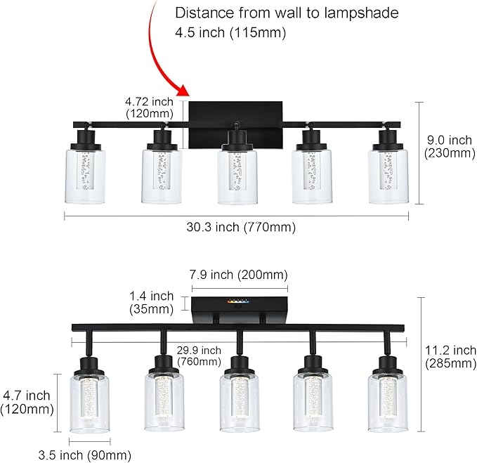 MELUCEE LED Ceiling Spotlight Kitchen Track Lighting Kits 5-Light Bathroom Vanity Light Black Wall Mounted Lamp with Flexibly Rotatable Light Heads, Built-in LED Chips, 5-Color Temperature Adjustable
