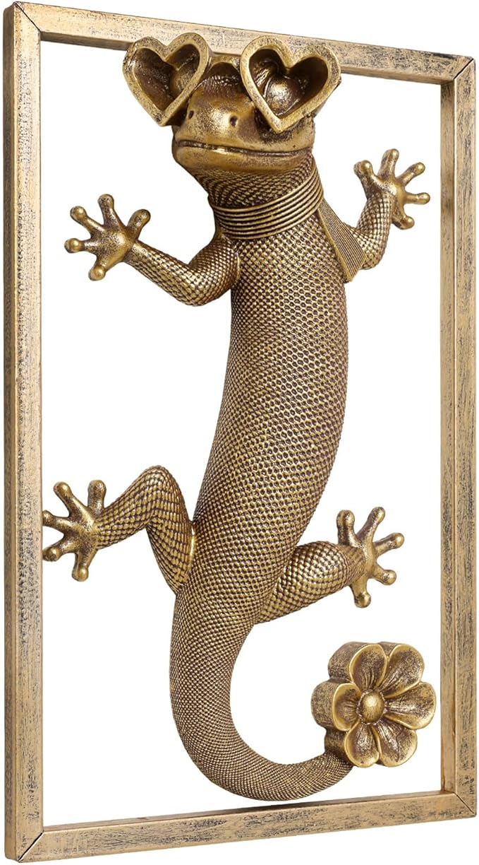 Animal Heads Wall Decor (Includes Metal Frame) Resin Animals Sculptures Head Wall Hanging Decoration Gold vintage Wall Sculpture for Living Room Bedroom Office(Lizard)