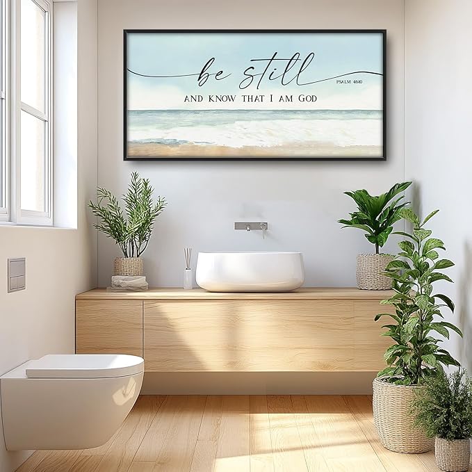 Flintis Large Christian Wall Art Be Still and Know That I Am God Sign Pictures Wall Decor Bible Verse Canvas Painting Print Artworks Framed for Living Room Bathroom Master Bedroom Office 60L x 30W