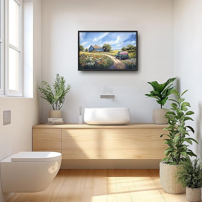 Flintis Large Farmhouse Barn Framed Wall Art Country Green Truck Flowers Pictures Wall Decor Abstract Canvas Painting Print Artworks Decor Framed for Living Room Bathroom Master Bedroom 36L X 24W