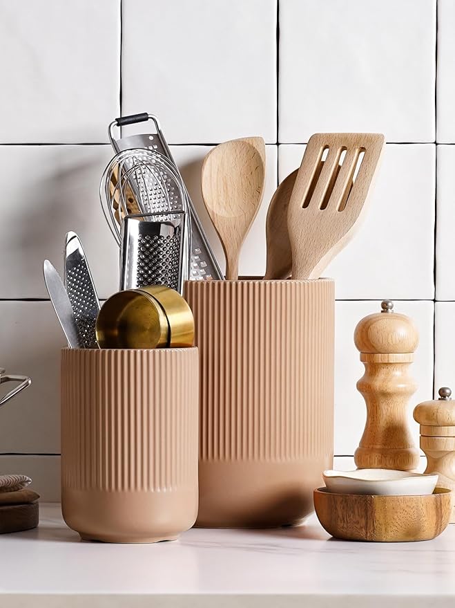 LE TAUCI Utensil Holder, 7.3"+5.4" Ceramic Kitchen Utensil Holder for Countertop, Large Cooking Utensil Crocks for Kitchen Counter, Modern Utensil Organizer for Spatula, Set of 2, Dusty Pink