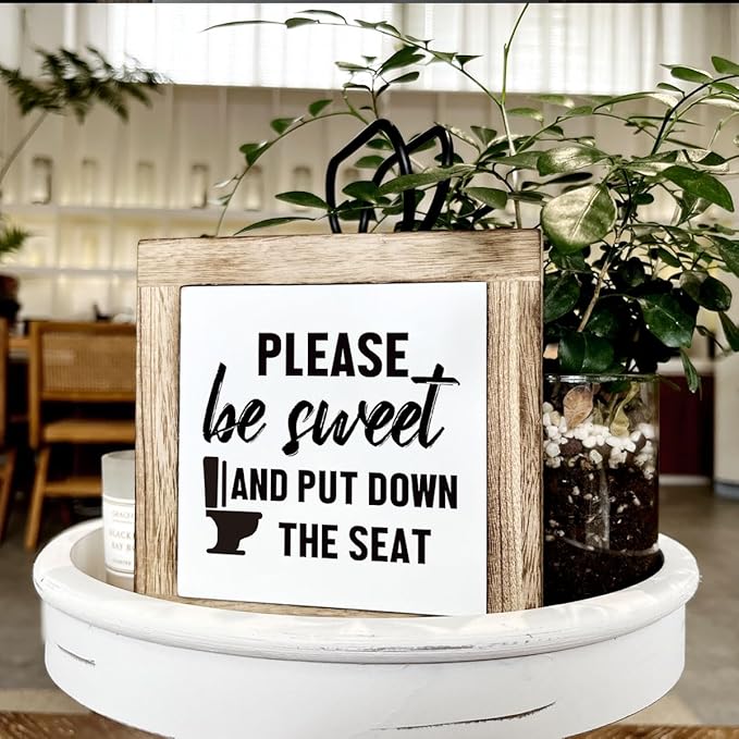 Wooden Box Signs for Home Decor, Funny Bathroom Sign, Please Be Sweet and Put Down the Seat Sign, Farmhouse Bathroom Decor Tabletop, Rustic Bathrooms Signs