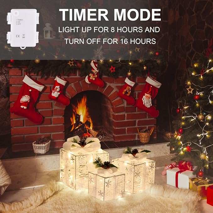 Christmas Lighted Gift Boxes with Snowflake Ornament, 3 Pack Pre-lit Present Boxes Set Battery Operated with Different Sizes for Holiday Indoor Outdoor Decorations (3 Pack) (Snowflake-2)