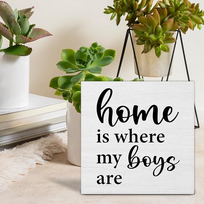 Home Is Where My Boys Are Wood Sign Family Quote Mom Gift Wooden Sign Decoration Home Living Room Bedroom Desk Shelf Table Decor 5 X 5 Inch