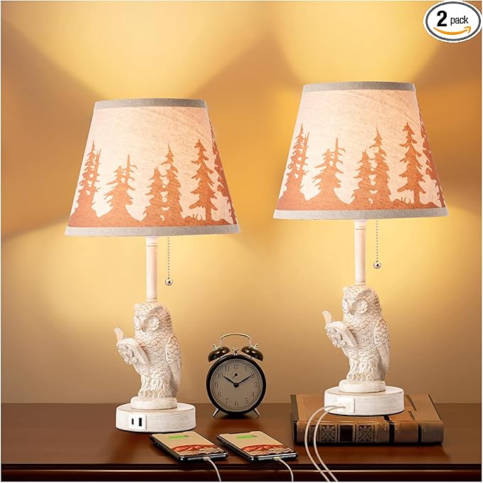 18.9" Farmhouse Lamps Set of 2,Owl White Rustic Table Lamps for Living Room with USB A+C Port,Vintage Resin Small Table Lamps,Pull Chain Table Lamp for Bedroom,Bedside,Nightstand,End Table