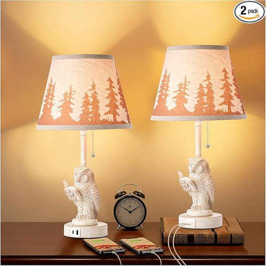 18.9" Farmhouse Lamps Set of 2,Owl White Rustic Table Lamps for Living Room with USB A+C Port,Vintage Resin Small Table Lamps,Pull Chain Table Lamp for Bedroom,Bedside,Nightstand,End Table