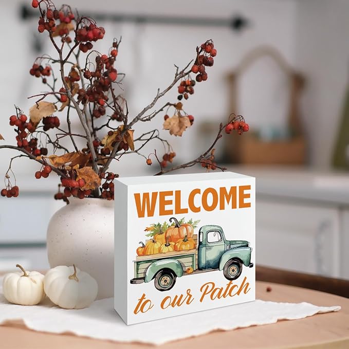 Farmhouse Fall Decors, Front Door Decor for Shelves, Autumn Home Decor, Pumpkin Truck Sign, Autumn Thanksgiving Wooden Decors, Decorative Wooden Table Sign, Welcome to Our Patch Wood Signs A15