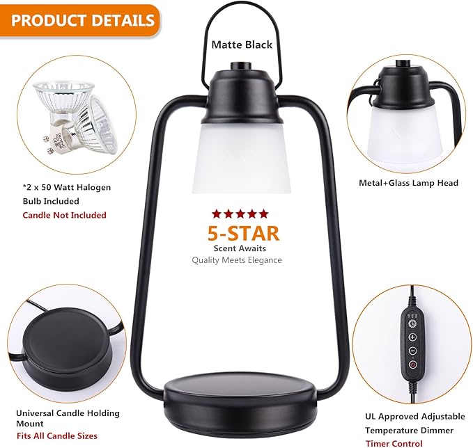 Candle Warmer Lamp with Timer Dimmer - Electric Wax Melt Warmer Lamp for Jar Candles, Vintage Candle Lamp Warmer with 2 Bulbs, House Warming Gifts New Home Decor, Birthday Gifts for Women Mom Black