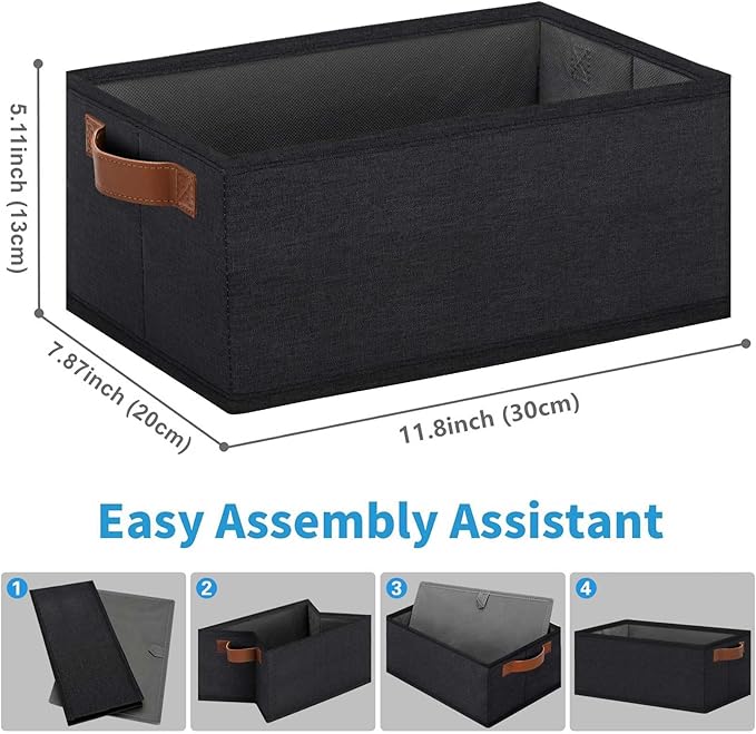 GhvyenntteS Small Fabric Storage Bins 12 Pack, 11.8" x 7.87" x 5.11" Storage Basket with Leather Handles, Closet Storage Bins for Shelves, Storage Baskets for Shelves, DVD Storage (Black)