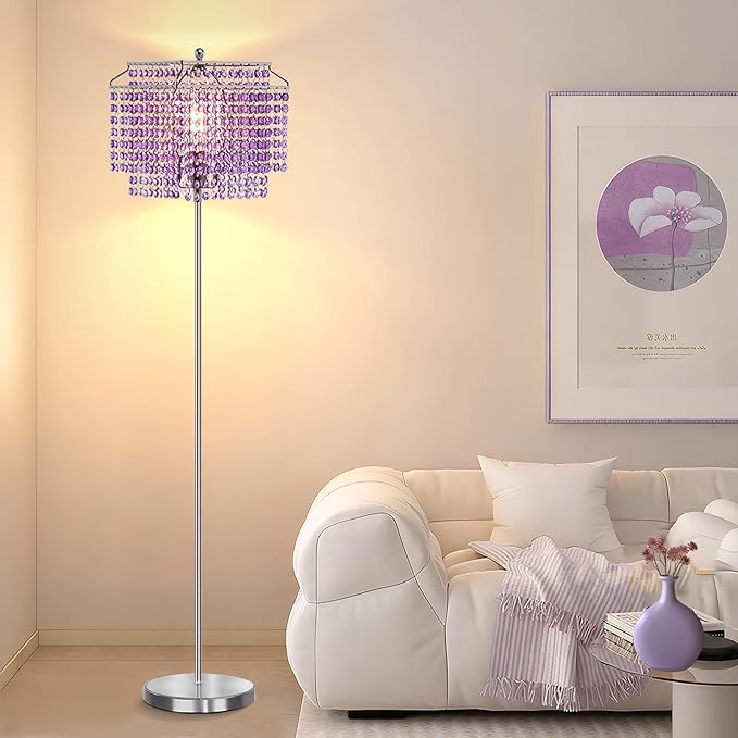 Crystal Floor Lamp Purple, 64" Tall Standing Lamps with Double-Layer Lampshade, Elegant Floor Lamp with On/Off Foot Switch, Standing Lamps for Living Room, Bedroom, Dresser, Office, Bulb Included