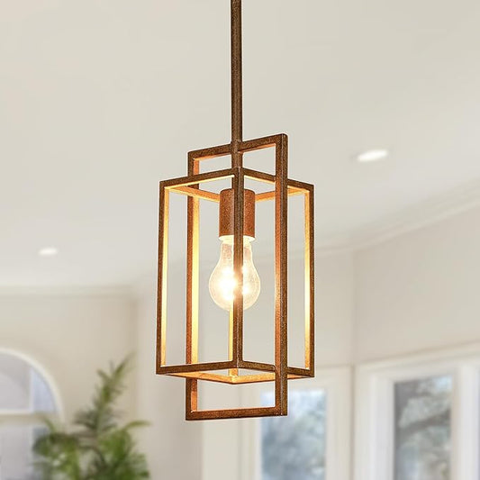Antique Brown Pendant Lighting Fixture with Geometric Metal Cage, 1-Light Retro Inspired Farmhouse Mini Hanging Lamp with Height Adjustable Rods for Kitchen Island, Cafe Bar, Dining Room