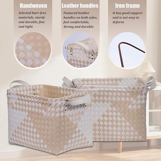BROWNLILY Handwoven Clothes Basket Laundry Hampers Large Wicker Storage Baskets for Shelves Blankets Closet Storage Bins Car Bedroom Bathroom Organizers and Storage (Pack of 4, Khaki & Ivory White)