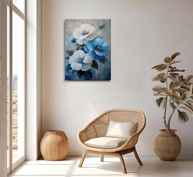 Blue and White Floral Picture Wall Decor Framed Botanical Plant Rustic Flower Canvas Wall Art Modern Pop Prints Poster Western Country Farmhouse Painting for Bathroom Living Room Bedroom (16"x24")