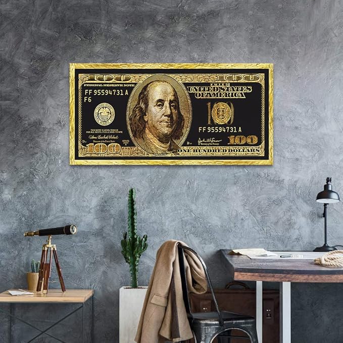 Golden Dollar Wall Painting Giclee Canvas Artwork 100 Dollar Money Poster and Print Creative 100 Bill Art Print Modern Home Decor Painting HD Print for Living Room Bedroom Frame Easy to Hang-32"Wx16"H