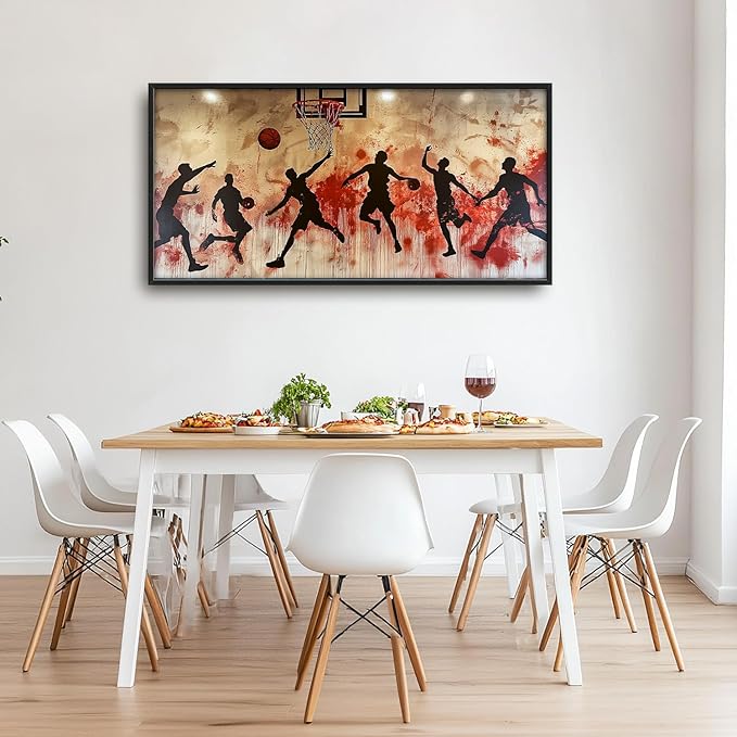 Flintis Large Basketball Sports Framed Wall Art Basketball Players Pictures Wall Decor Abstract Graffiti Canvas Painting Print Artworks Framed for Living Room Bathroom Master Bedroom 60L X 30W