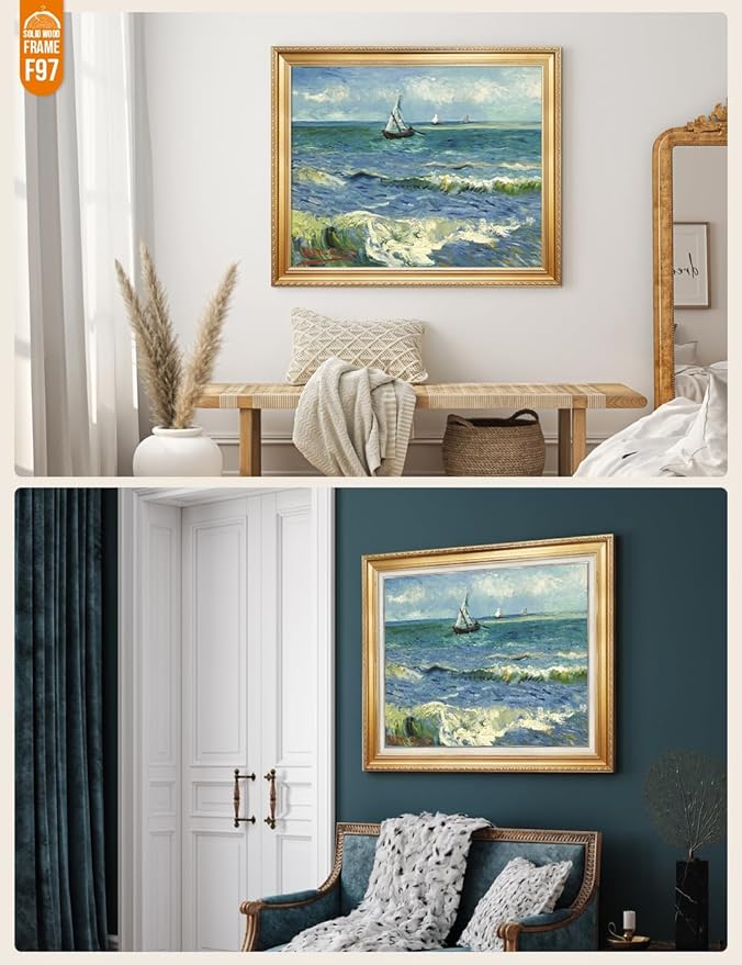 DECORARTS - The Sea at Les Saintes-Maries-de-la-Mer, Vincent Van Gogh Art Reproduction. Acid Free Cotton Canvas Giclee Print w/Bronze Frame&Mat for Wall Decor.