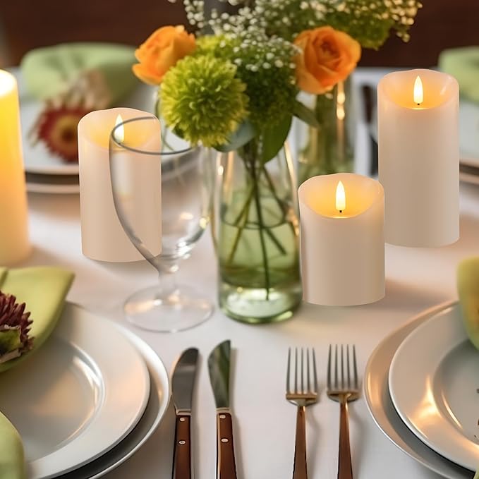 Flameless Candles Battery Operated Pillar Real Wax Electric LED Flashing Candle Sets with Remote Control Cycling 24 Hours Timer, 4" 5" 6" Pack of 3 (Ivory)