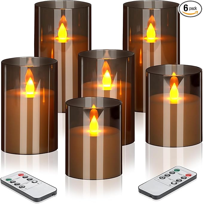 Flameless Candles 4" 5" 6" Acrylic Glass Pillars 3" Diameter Battery Operated Flickering Candles Include Remote with 24Hour Timer Function 400+ Hours by 2 AA Batteries (Gray, Warm Light 6 Pack)
