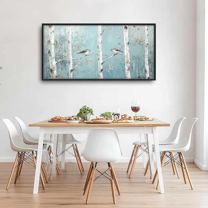 Flintis Large Birch Tree Bird Framed Wall Art Forest Birds Pictures Wall Decor Abstract Natural Landscape Canvas Painting Print Artworks Framed for Living Room Bathroom Master Bedroom 60L X 30W