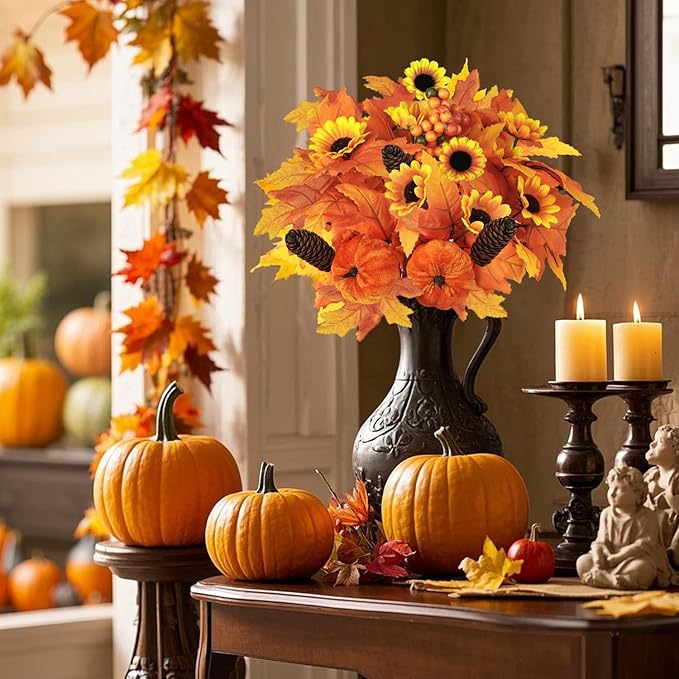 Artmag 2PCS Fall Artificial Flowers Decoration Maple Leaf Stem Pumpkin Branch Sunflower and Berries for Fall Thanksgiving Home Kitchen Festival Decoration (Brown)