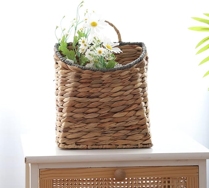GYASVWU Woven Hanging Basket Water Hyacinth Hanging Wall Basket Wicker Handmade Baskets for Garden Farmhouse Home (Paper rope mouth)