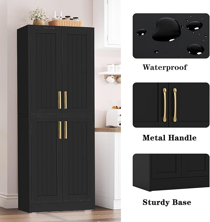 Kitchen Pantry Cabinet, Tall Storage Cabinet with Adjustable Shelves and 4 Doors, Farmhouse Freestanding Cupboard Hutch for Dining Room Living Room, Laundry, Black