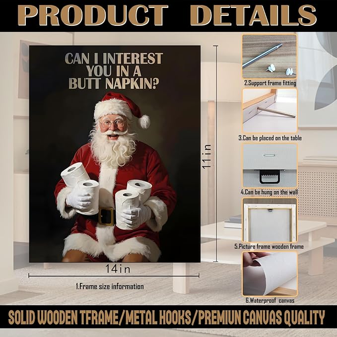 FITIE Black Santa Bathroom Christmas Canvas Wall Art Poster, Funny Humorous Holiday Winter Christmas Framed Artwork Prints Wall Decor for Bathroom Washroom Restroom Toilet, 11x14 Inch