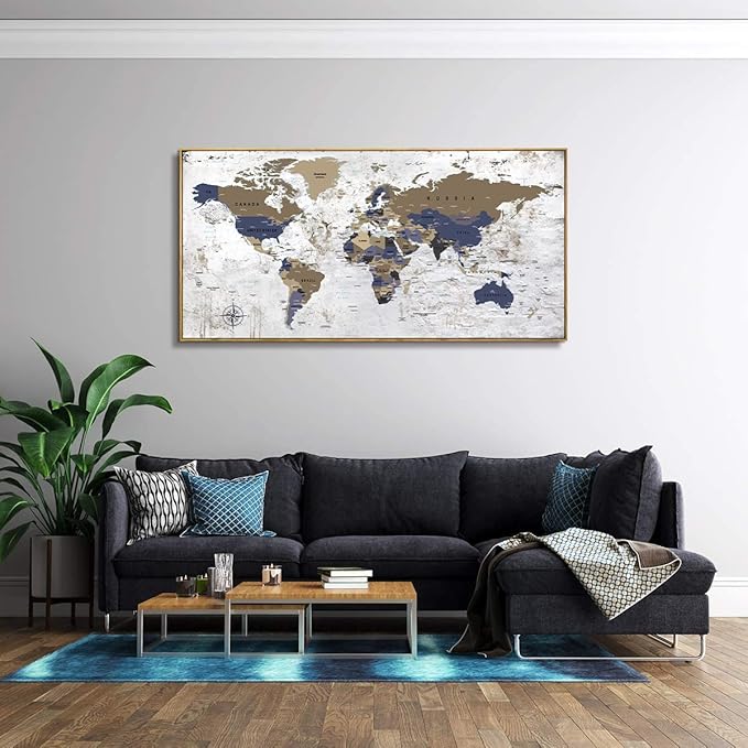Framed Wall Art World Map Wall Art Canvas Picture20inx40in Large Grey Map of The World Canvas Painting Artwork Prints for Office Wall Decor Home Living Room Decorations Framed Ready to Hang