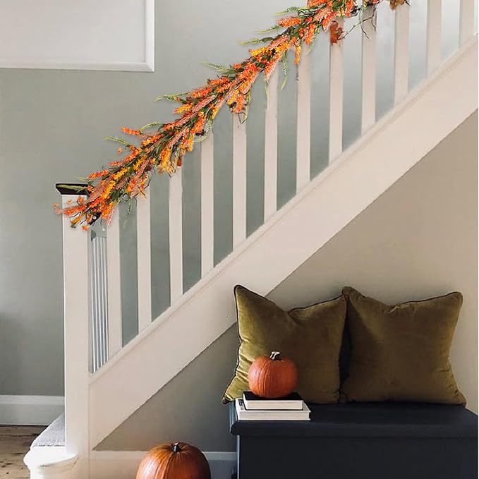 70 Inch Fall Flower Garland with Berries for Front Door, Harvest Orange Floral Wreath Garland for Indoor Outdoor, Fall Artificial Flower Garlands for Home Decor