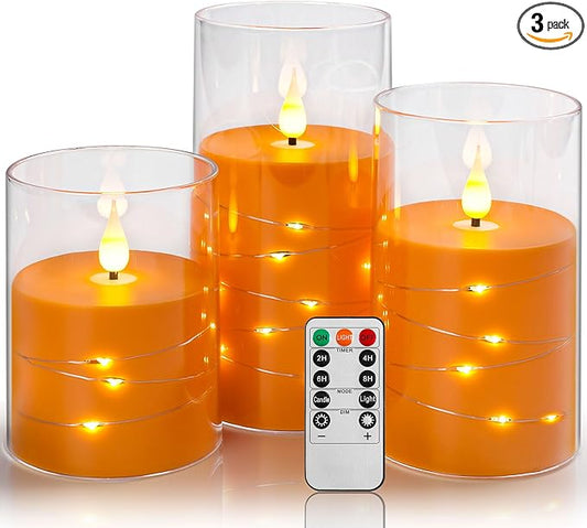 Da by Flickering Flameless Candles with Remote,Acrylic LED Candles with Embedded Star String,Battery Operated Candle, for Home and Holiday Decoration Set of 3（Orange）