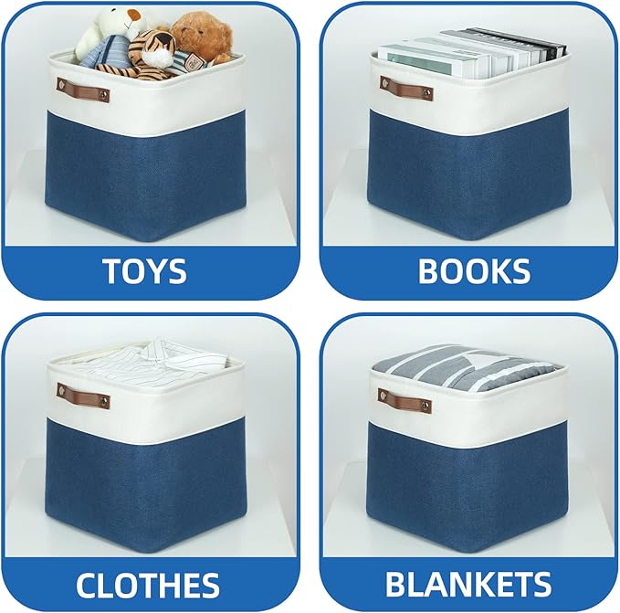 Temary Fabric Storage Cubes 4Pack Blue Fabric Storage Baskets 12 Inch Cube Storage Bins with Handles for Organizing Closet (White&Blue)