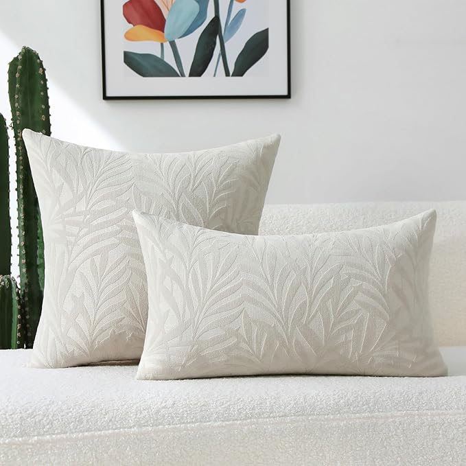 FUTEI Beige Decorative Throw Pillow Covers 20x20 Inch Set of 2,Soft Chenille Phoenix Tail Leaf Textured Cushion Case,Modern Home Decor for Couch Bed Living Room