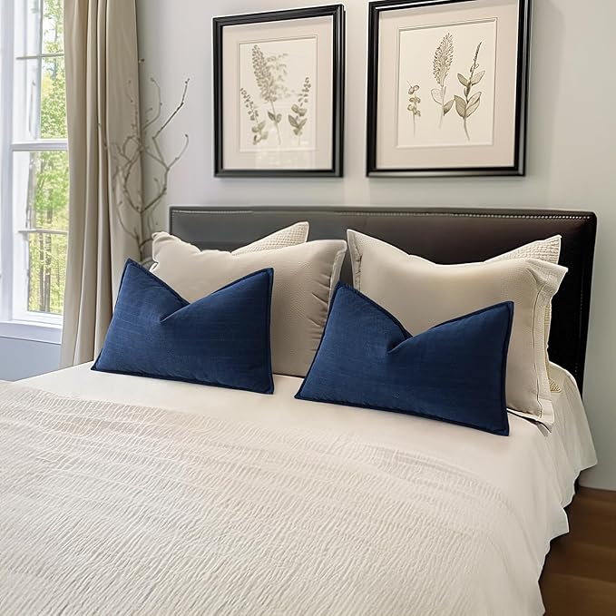 MIULEE Pack of 2 Navy Blue Decorative Lumbar Pillow Covers 12x20 Inch Soft Chenille Luxurious Couch Throw Pillows Farmhouse Cushion Covers with Elegant Design for Sofa Bedroom Living Room Home Decor