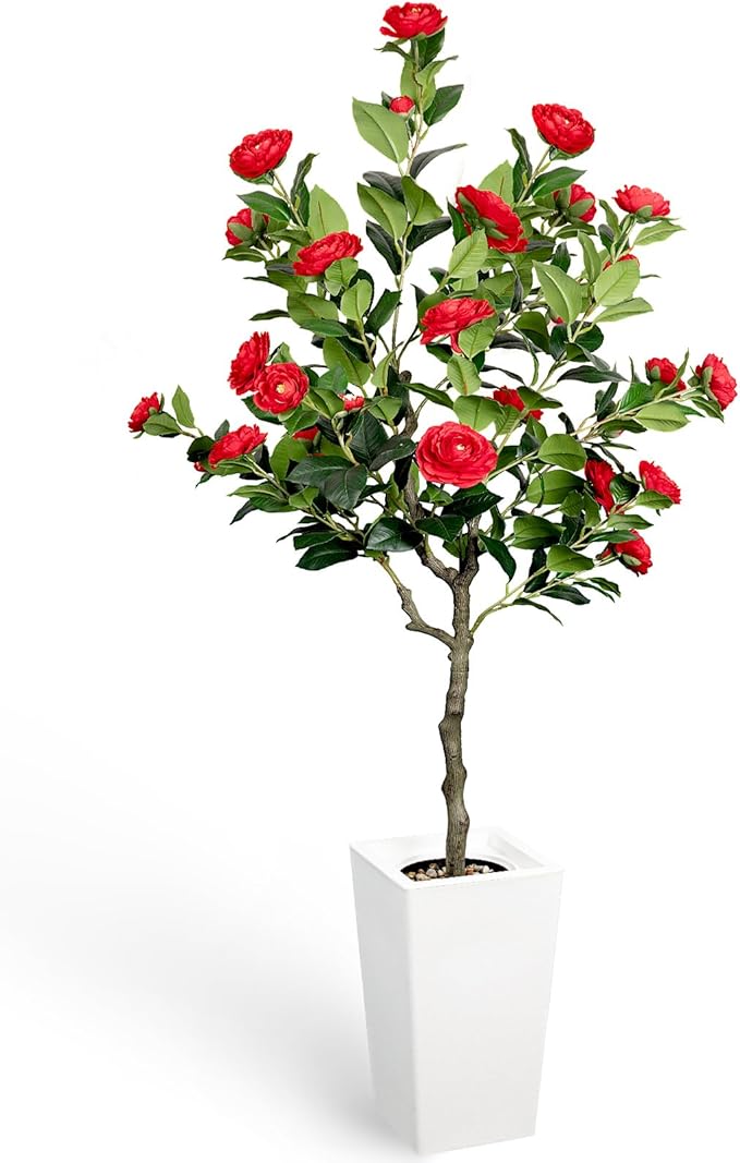 Artificial Camellia Tree 5FT, Red Flower Tree in White Pot, Faux Outdoor Indoor Plant, Potted Artificial Flower for Home Office Housewarming Porch Decor (61'' Height)
