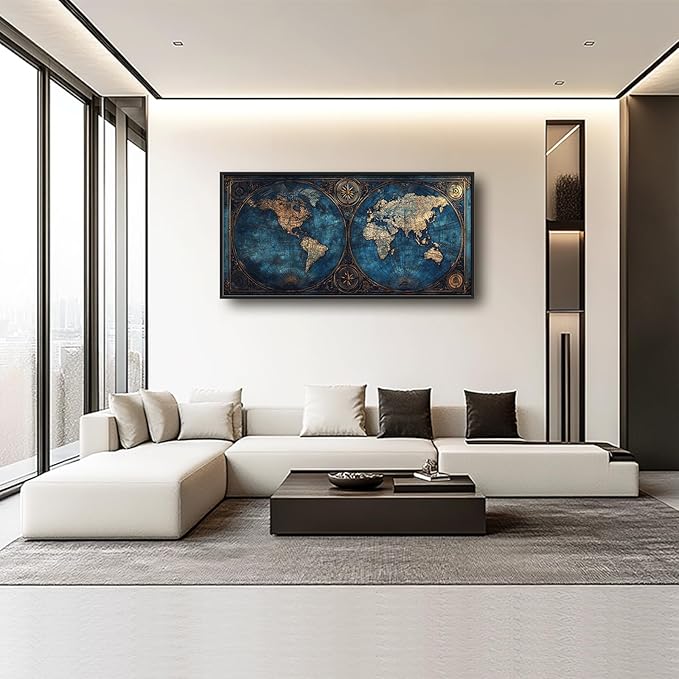 World Map Framed Wall Art for Living Room, Large Map of The World Canvas Wall Decor, Vintage Maps Pictures Painting, Modern Artwork for Office Bathroom Bedroom 60L'' × 30W''
